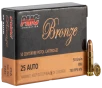 PMC   25 ACP 50 Grain - FMJ - Brass Cased - Pistol Ammo  -  50RD Box - 25A