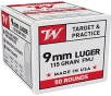 Winchester USA Full Metal Jacket 9mm Luger 115-Grain Handgun Ammunition - 50 Rounds