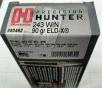 243 Win Hornady Precision Hunter 90 gr  ELD-X 20 rnds 3150 fps  Brass M-ID  80462 UPC  090255804621