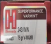 243 Win Hornady Superformance Varmint 75 gr  V-MAX 20 rnds 3580 fps  Brass M-ID  83433 UPC  090255834338
