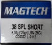 38 Special short Magtech 125 gr  Lead Round Nose LRN 50 rnds  Brass M-ID  38G UPC  754908164417