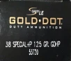 38 Special  P Speer Gold Dot 125 Grain Hollow Point 50 Rounds M-ID  53720 UPC  076683537201