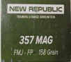 357 Mag New Republic 158 gr  Full Metal Jacket Flat Point FMJ-FP 1000 rnds 1296 fps  20 boxes   Brass M-ID  RTR357BR UPC  810036150262
