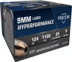 Fiocchi 9XTPC25 Hyperformance Hornady XTP Hollow Point 124 Grain 9mm Luger Parabellum 1100 fps