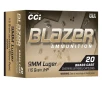 CCI 9MM LUGER 115GR BLAZER BRASS JHP 20RD 20RD BX 25BX CS 1145 FPS