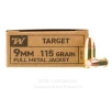 Winchester Service Grade 9mm Ammo - 50 Rounds of 115 Grain FMJ FN   
