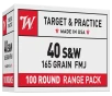 Winchester  40 S W 165 Grain FMJ Centerfire Handgun Ammo - 100 Rounds