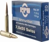 PPU PP338F Metric Rifle 7 5x55mm Swiss 174 GR Full Metal Jacket  Brass Cased  Boxer Primed  Non-Corrosive  Reloadable - 20 Round Box