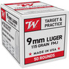 Winchester Target   Practice 9mm - 115 Grain FMJ - 1190 FPS - 50 Rounds - Q4172 white box q loads