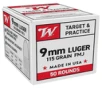 Winchester Ammo W9MM50 9mm Luger 115 gr Full Metal Jacket 50 Per Box
