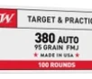 Winchester Ammo USA380VP USA 380ACP 95gr Full Metal Jacket Flat Nose 100 Per Box 5 Case