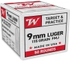 Winchester USA 9mm Luger 115 Grain Full Metal Jacket FMJ Brass Cased Pistol Ammo 50 Rounds W9MM50