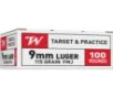 Winchester USA Pistol Ammo 9mm Luger Full Metal Jacket 115 Grain 100 Rounds