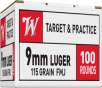 Winchester USA Pistol Ammo 9mm Luger FMJ 124 Grain 50 Rounds