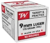 Winchester Ammo W9MM50 9mmLuger 115gr Full Metal Jacket 50 Per Box 20 Case