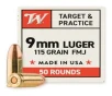 Winchester Target and Practice Ammunition  9mm Luger  FMJ  115 Grain  50 Rounds