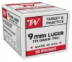 Target   Practice Full Metal Jacket 115 gr 9mm Handgun Ammo - 50 Round Box