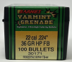 Barnes 22 Cal (.224 Dia) Reloading Bullets Varmint Grenade Copper B30171 36 Grain Frangible Hollow Point 100 Pieces