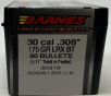 Barnes 30 Cal (.308 Dia) Reloading Bullets Copper LRX B30318 175 Grain Boat Tail Ballistic Tip 50 Pieces